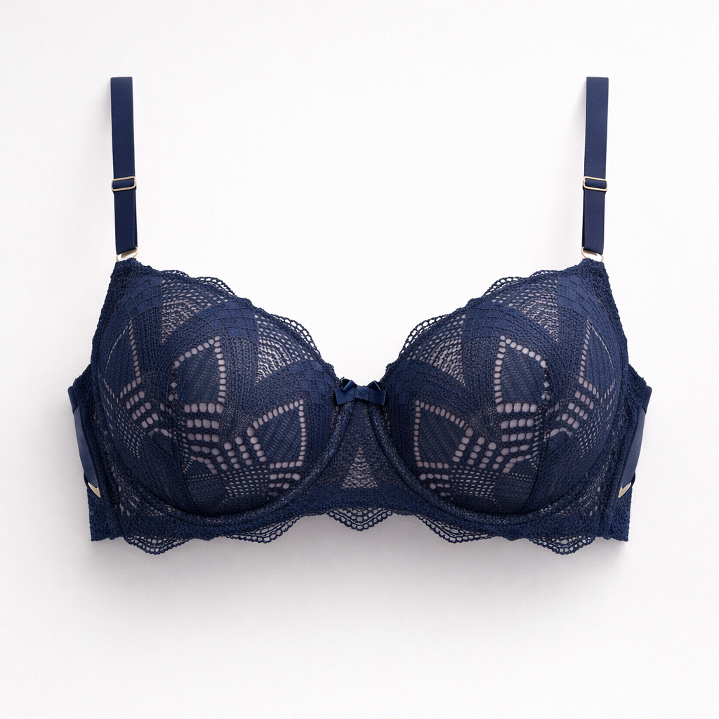 Lacivert renkli, dantel detaylı ve destekli kadın sütyeni ön görünüm