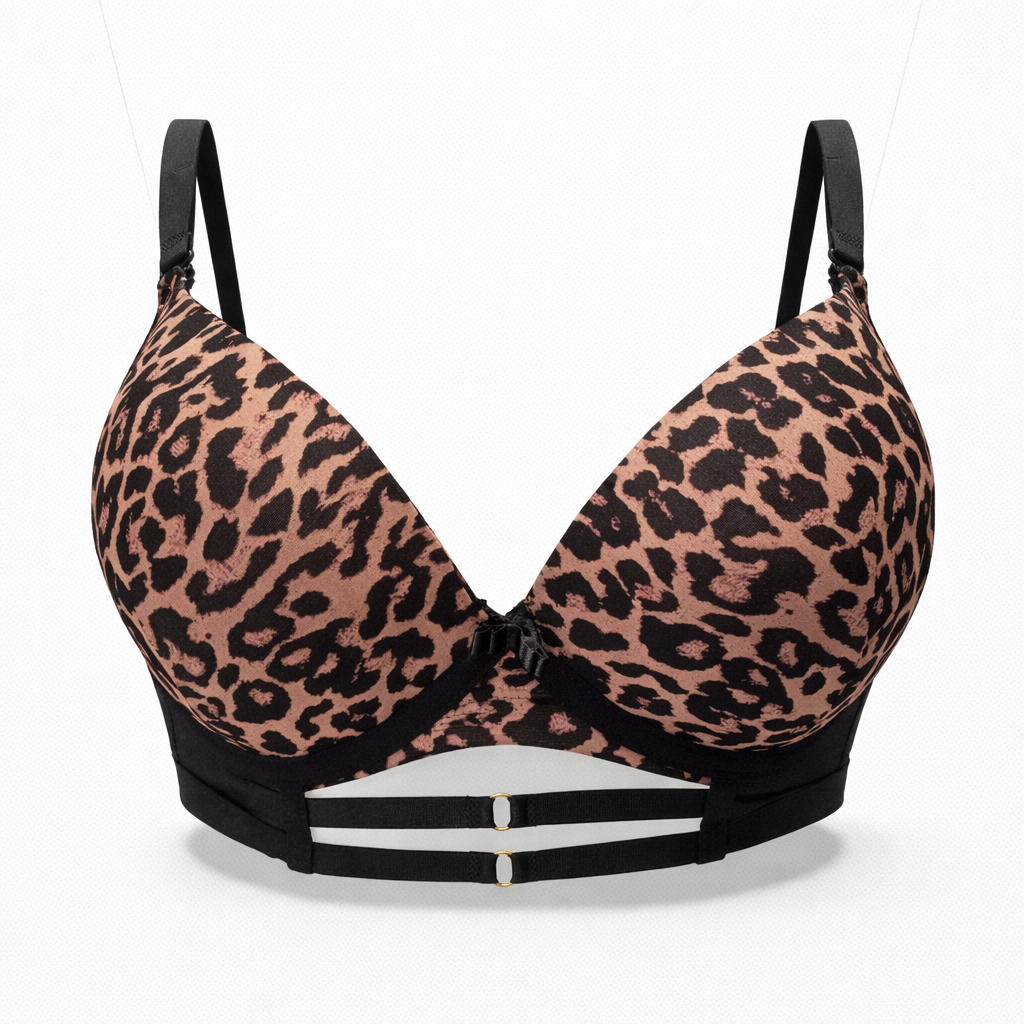Leopar ve ten rengi çift bant detaylı tasarımı ile iz yapmayan kadın sütyeni.
