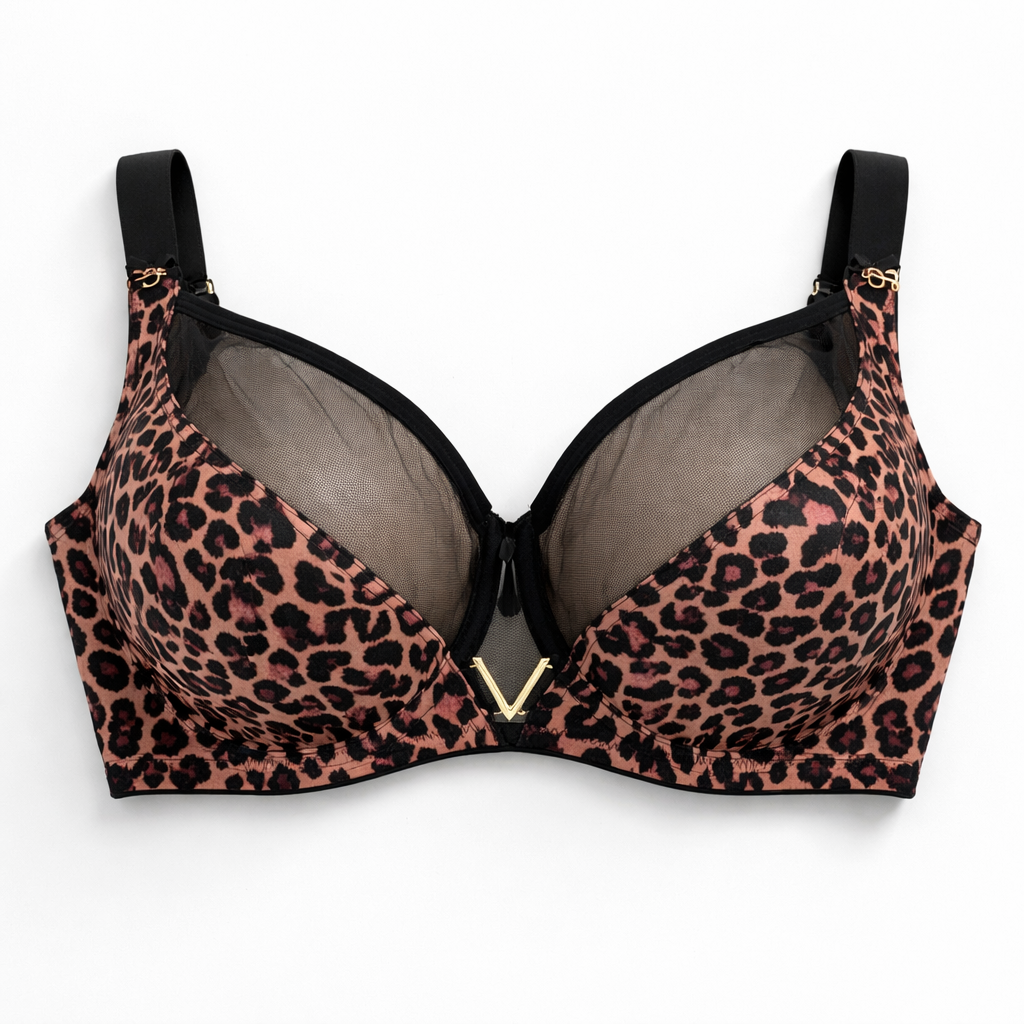 Leopar desenli büyük beden toparlayıcı sütyen; güçlü destek, zarif tül detay ve premium tasarımı bir arada sunar.
