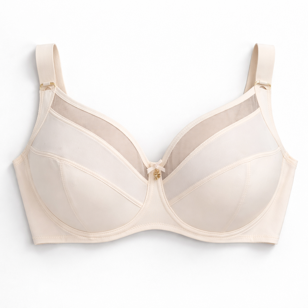 Ekru renk büyük beden destekli sütyen; sade tasarım, güçlü destek ve gün boyu konfor sunar.