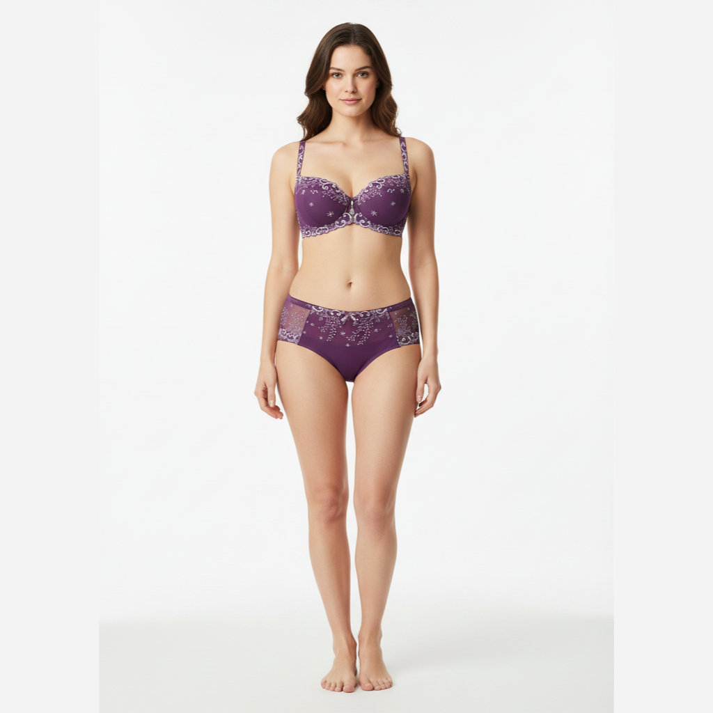 Mürdüm renkli nakışlı premium sütyen ve boxer külot takımı düz yerleşim