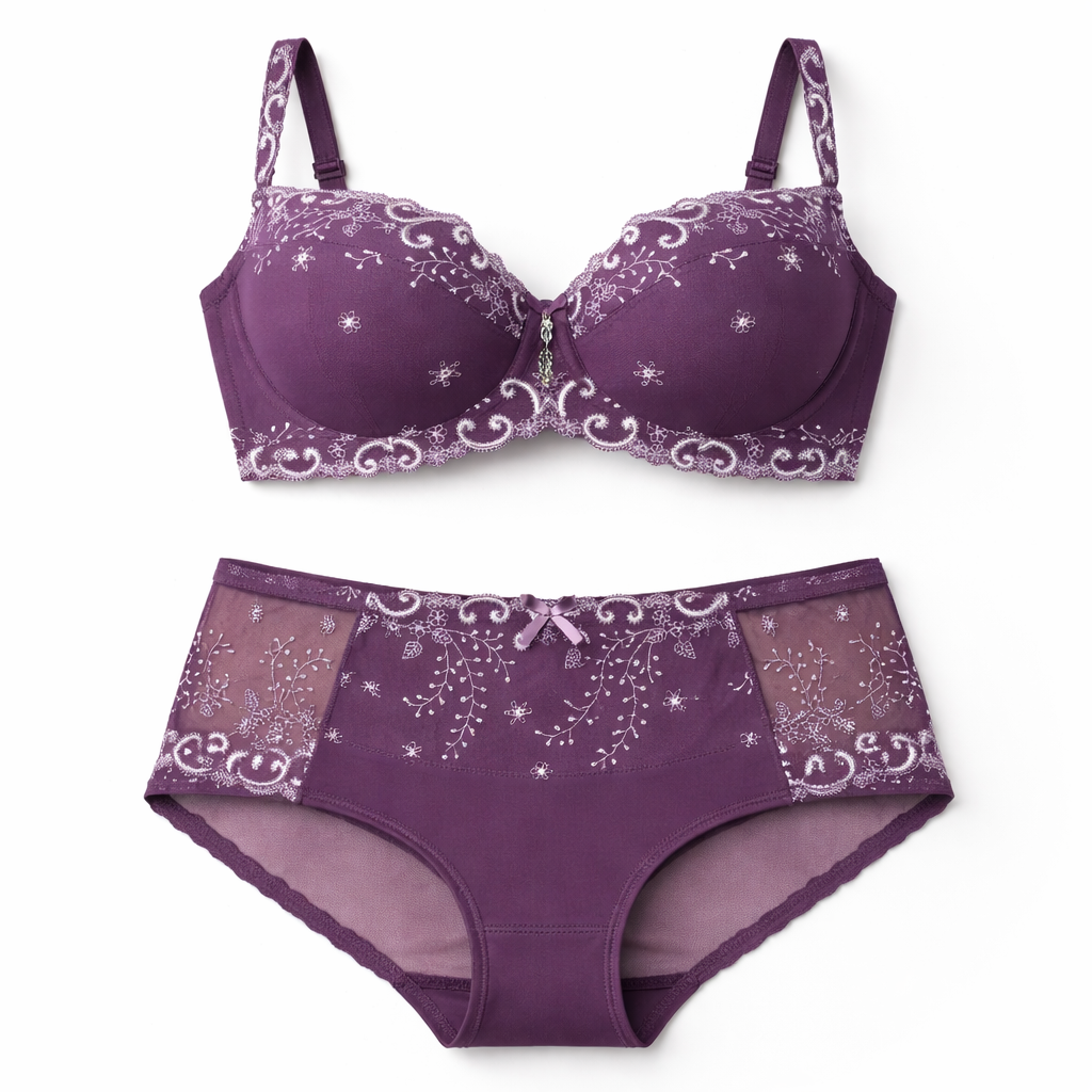 Mürdüm sütyen boxer külot takımı lüks iç çamaşırı düz yerleşim stüdyo çekimi