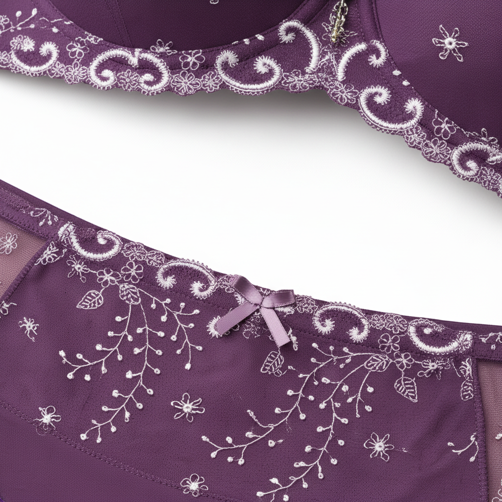 Mor iç çamaşırı - dantel ve işleme detay makro