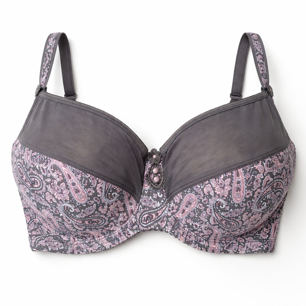 Paisley desenli büyük beden sütyen, güçlü destek ve zarif tasarımı bir arada sunar. Gün boyu konfor sağlayan premium iç çamaşırı.