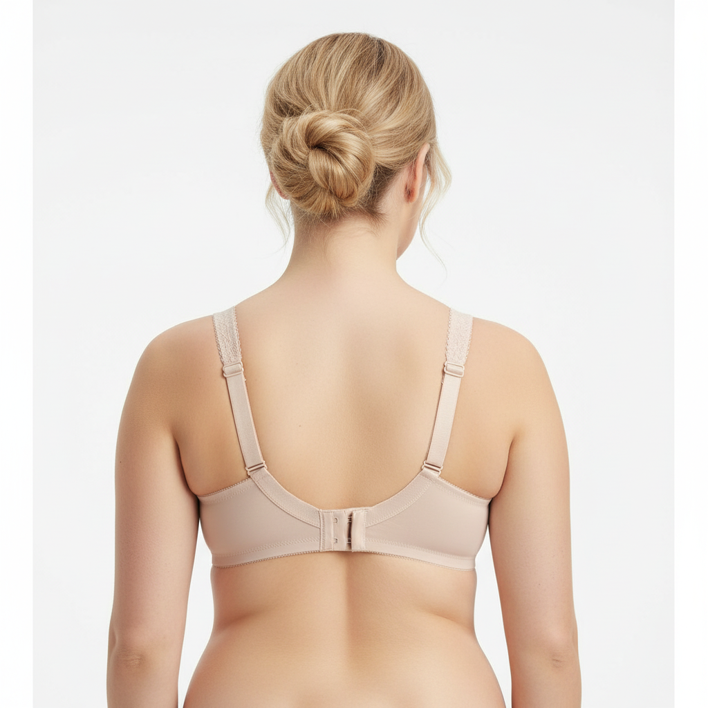 Fransız dantelli büyük beden sütyen; kolay kullanım, güçlü toparlama ve gün boyu konfor sunar. Arkadan görünüm.