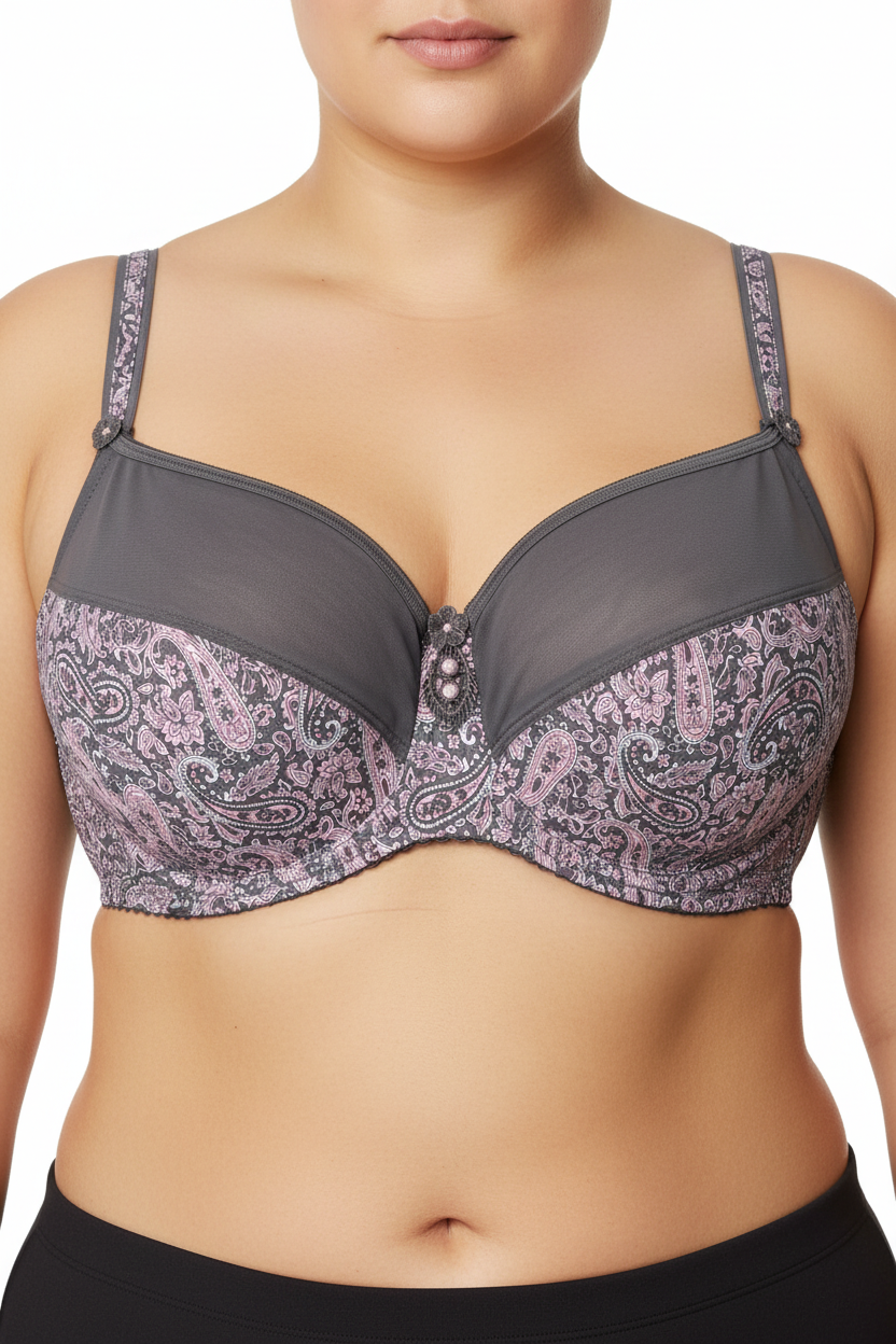 Premium Gray Pink Paisley Lace Bra - Studio Shot