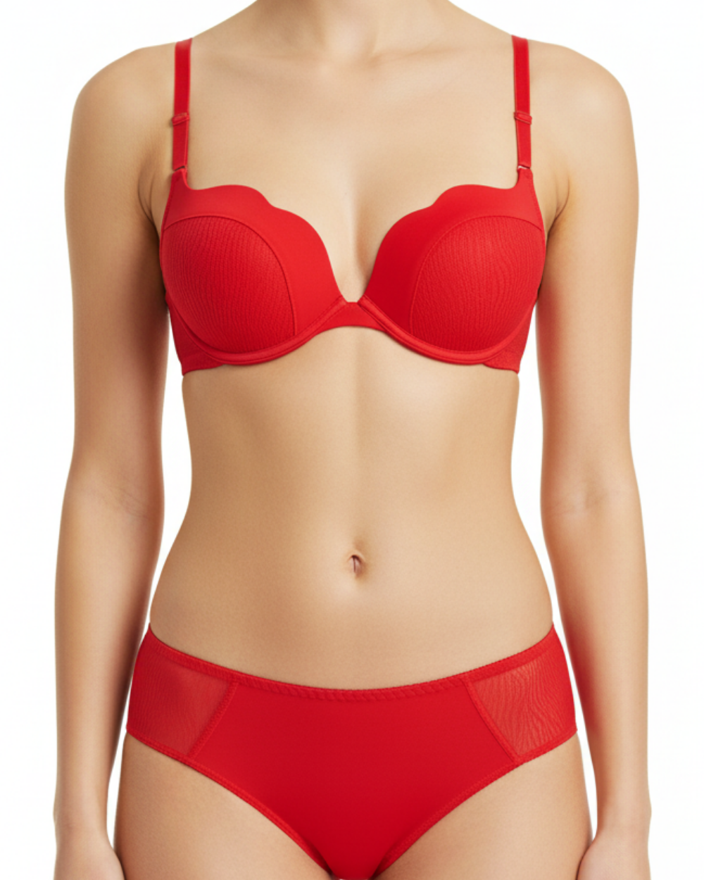 Modern dalga kesim detaylı siyah destekli sütyen ve külot takımı.