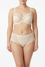 ALLA krem renk büyük beden dantel iç çamaşırı takımı. Destekli sütyen, konforlu külot, şık ve rahat tasarım. Online satın al.