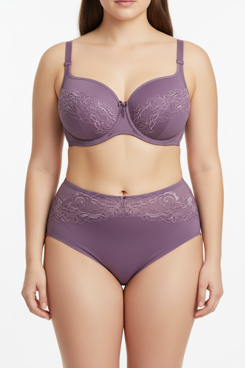 Büyük beden uyumlu, balenli ve destekli lila dantel sütyen & külot takımı. Gün boyu konfor ve zarif görünüm sunan premium iç çamaşırı.