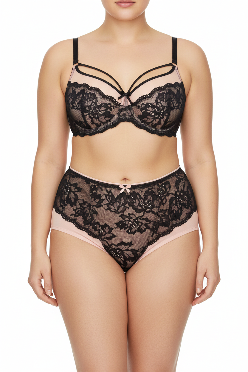 ALLA Dantel Detaylı Büyük Beden Lüks Sütyen & Külot Takımı – Pudra & Siyah