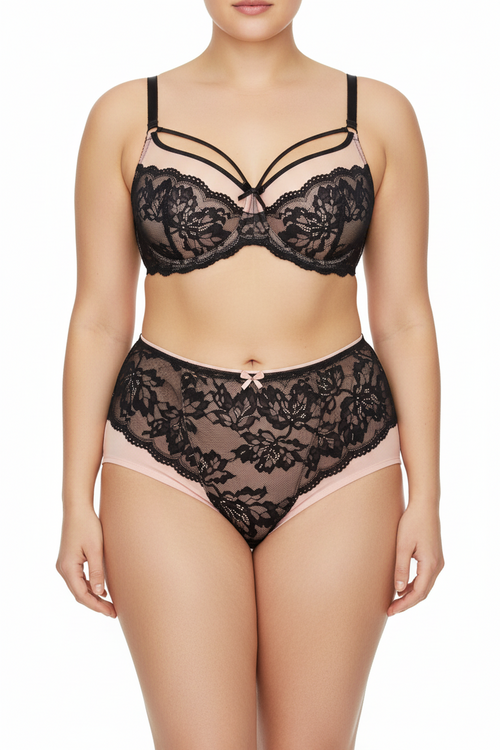 ALLA Dantel Detaylı Büyük Beden Lüks Sütyen & Külot Takımı – Pudra & Siyah
