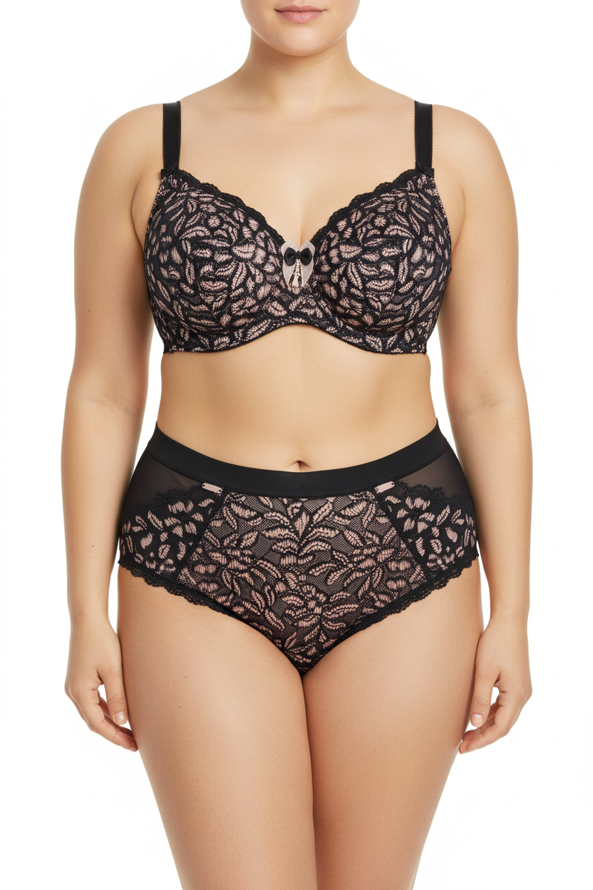 ALLA siyah ve pudra dantel büyük beden iç çamaşırı takımı. Destekli sütyen, rahat külot, şık ve konforlu tasarım. Online satın al.