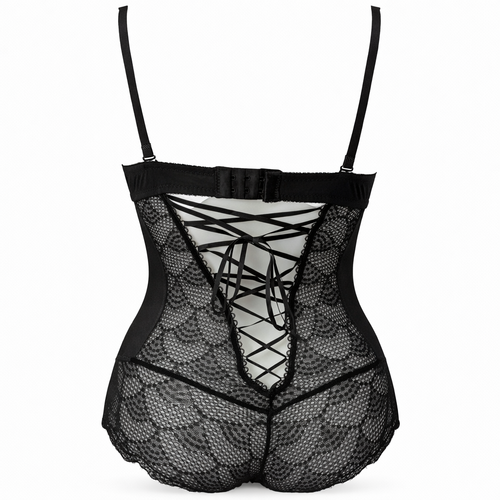 Siyah Korse Body – Balenli ve Arkası Bağcıklı Kadın Body