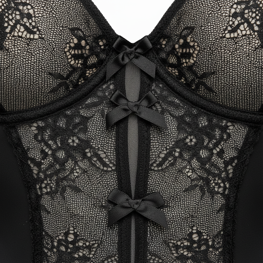 Destekli sütyen yapısı ve esnek kumaşı ile konforlu ve şık kadın siyah body modeli. Lüks dantel makro detayı.