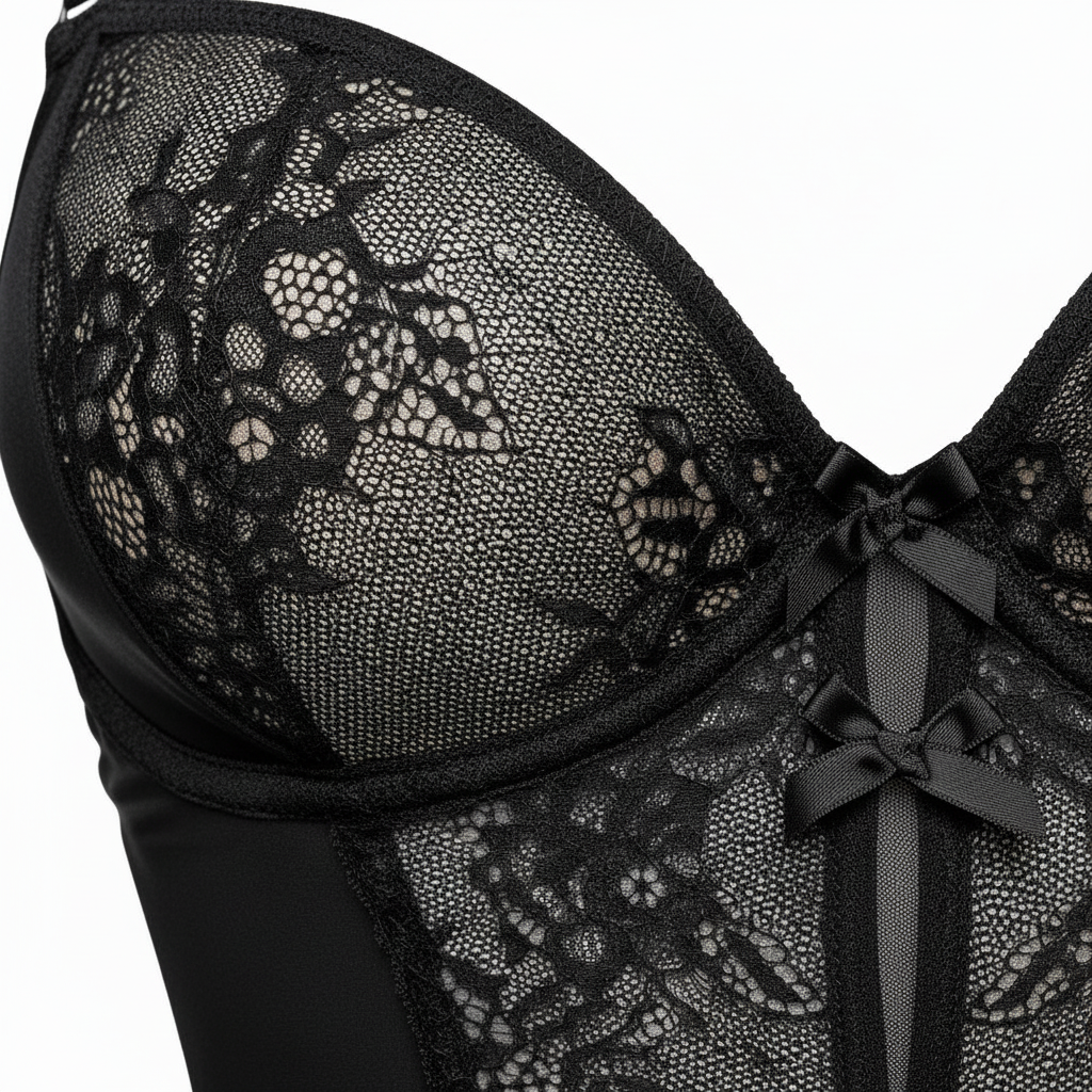 Destekli sütyen yapısı ve esnek kumaşı ile konforlu ve şık kadın body modeli. Sütyen kup makro detayı.