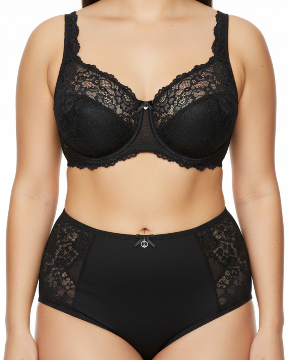 ALLA Siyah Dantel Büyük Beden Balenli Sütyen & Yüksek Bel Külot Takımı