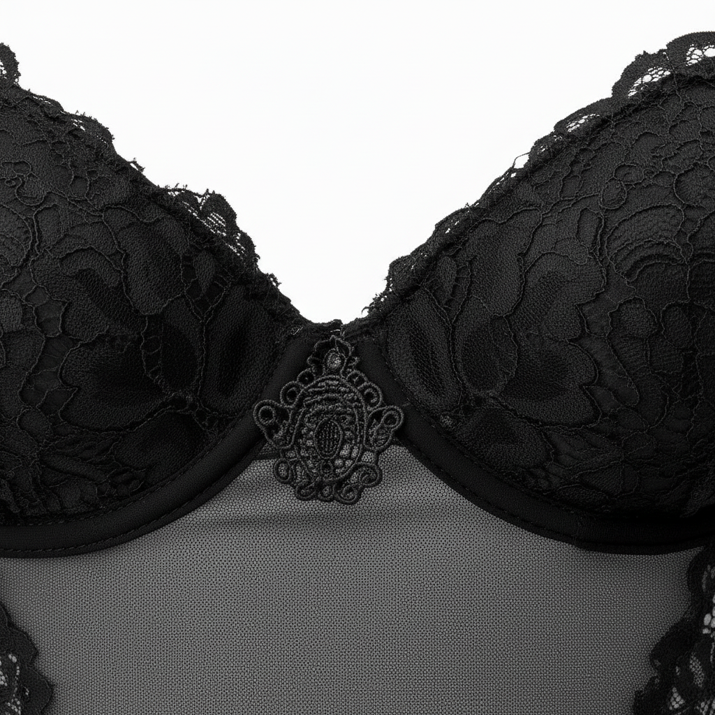 Siyah dantel ve transparan tül detaylı balenli body modeli. Sütyen kup makro detay.