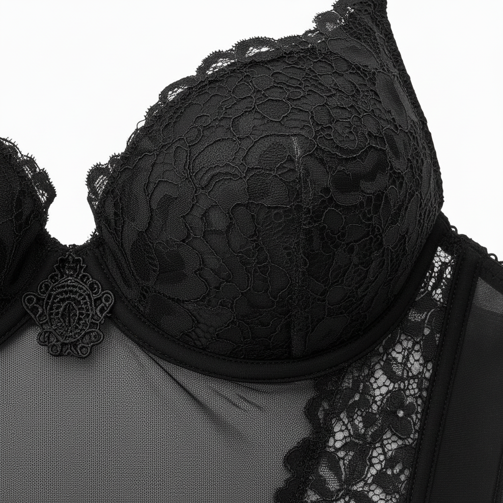 Siyah dantel ve transparan tül detaylı balenli body modeli. Sütyen kup makro detay.