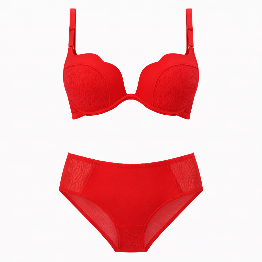 Kırmızı hoş dalgalı panel detaylı iç çamaşırı yakın plan görünüm.