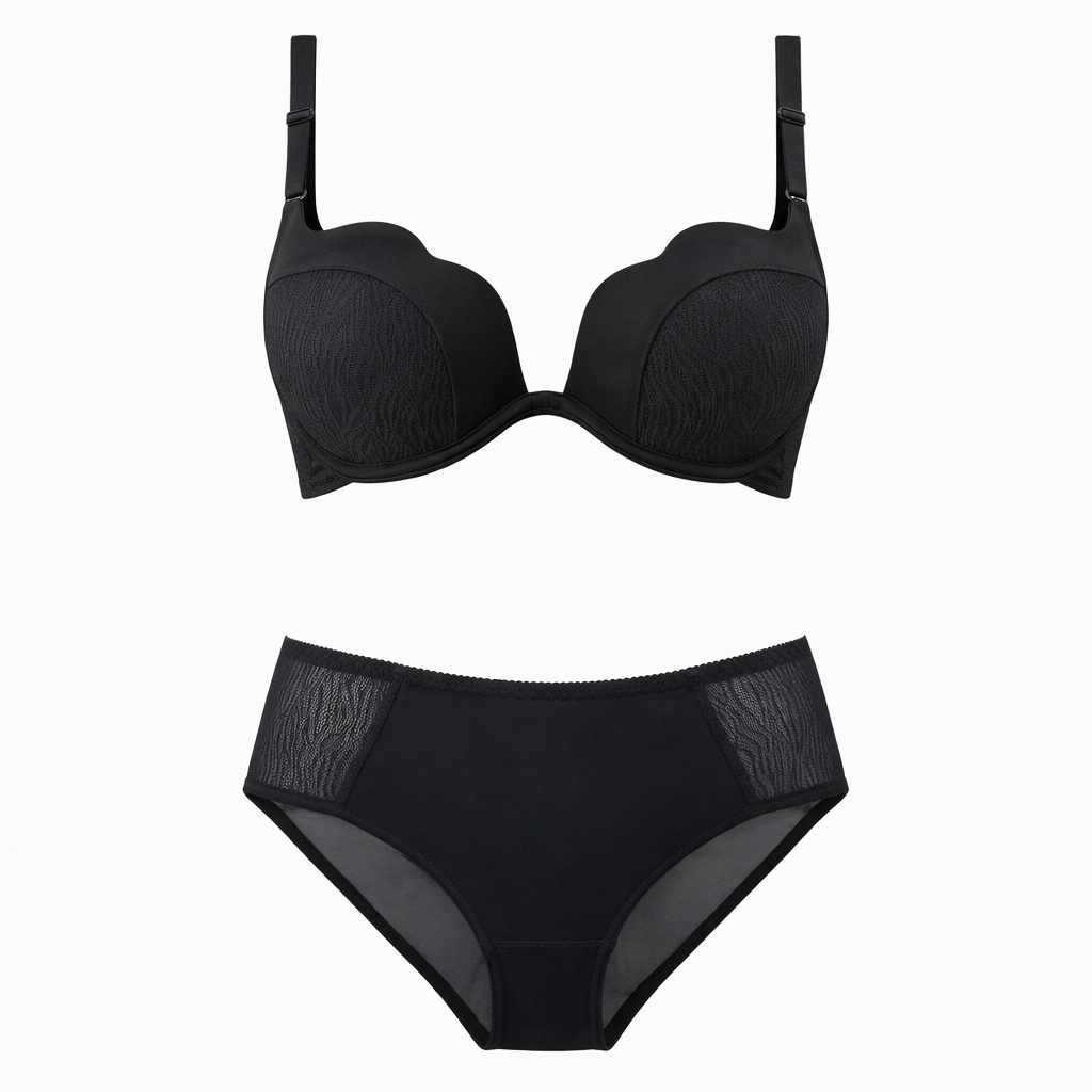 Siyah hoş dalgalı panel detaylı iç çamaşırı yakın plan görünüm.