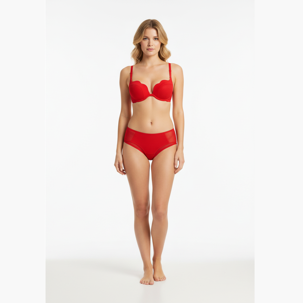 Kırmızı - Siyah destekli premium sütyen ve külot takımı beyaz arka plan ön görünüm
