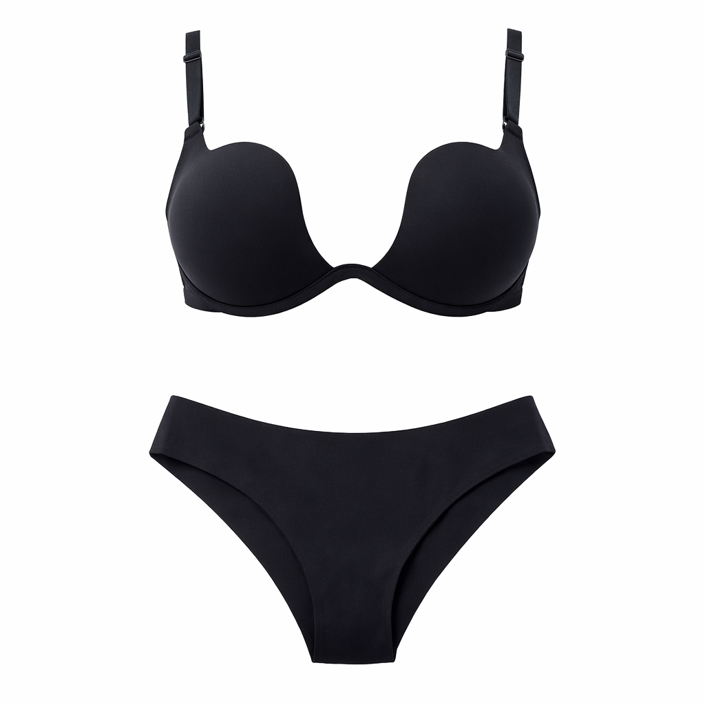 Pürüzsüz dokulu, ithal siyah push-up sütyen ve bikini külot takımı.