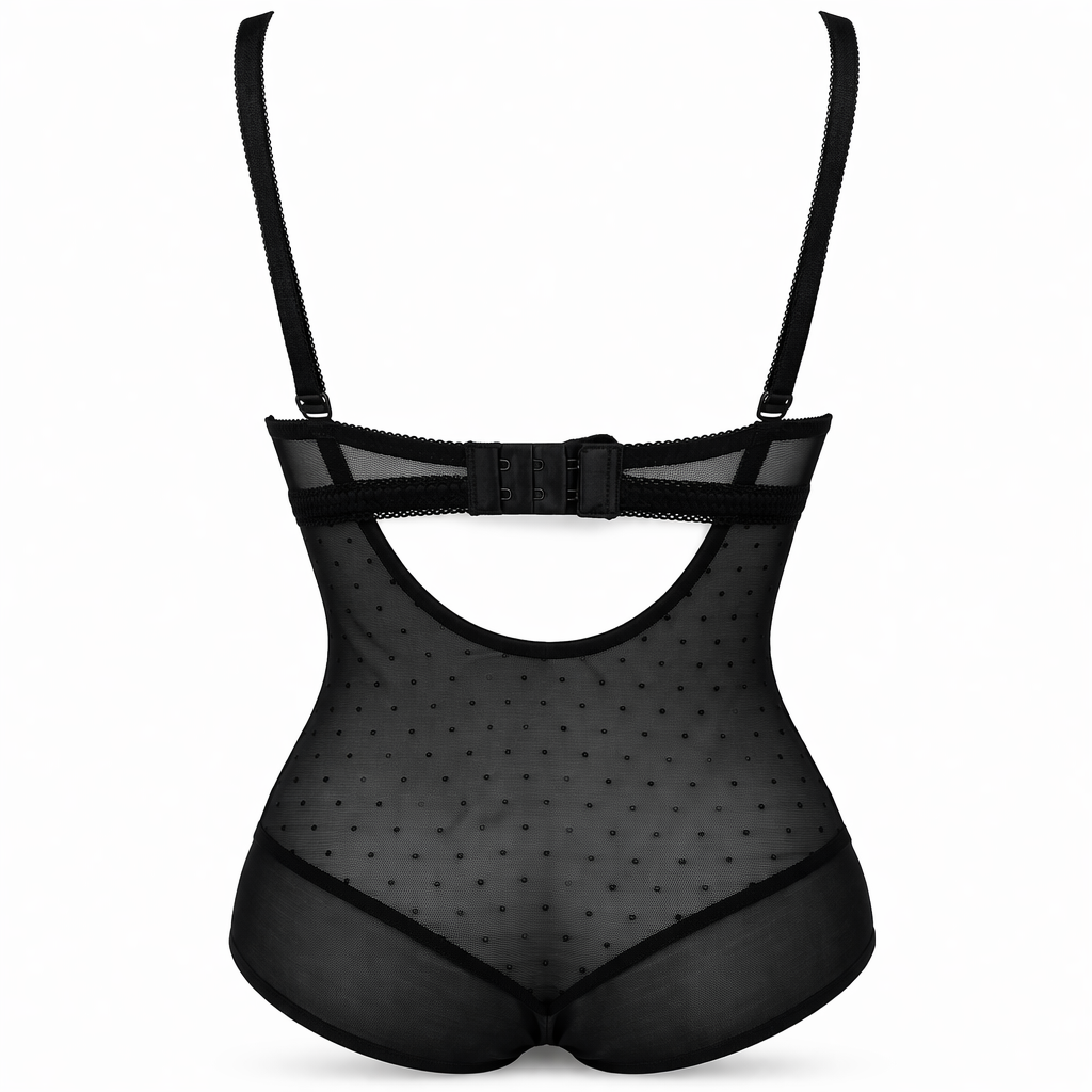 Siyah transparan tül detaylı balenli body. Vücudu nazikçe şekillendiren, zarif ve konforlu iç giyim modeli. Arka görünüm.