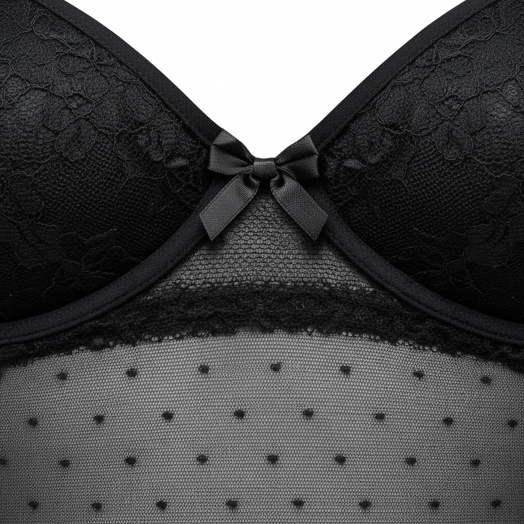 Siyah transparan tül detaylı balenli body. Vücudu nazikçe şekillendiren, zarif ve konforlu iç giyim modeli. Merkez fiyonk detayı.