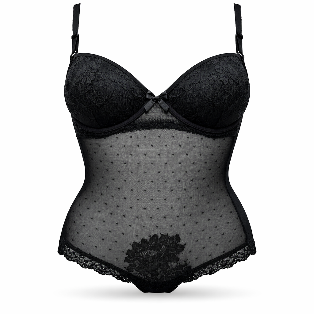 Siyah transparan tül detaylı balenli body. Vücudu nazikçe şekillendiren, zarif ve konforlu iç giyim modeli. Ön görünüm.