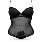Siyah transparan tül detaylı balenli body. Vücudu nazikçe şekillendiren, zarif ve konforlu iç giyim modeli. Ön görünüm.