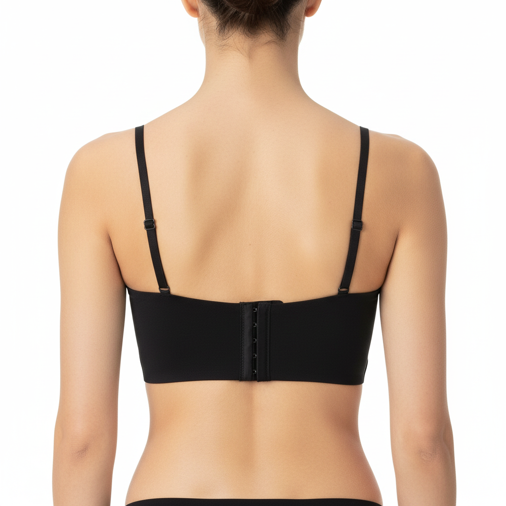 Modern uzun bant tasarımlı siyah straplez sütyen. Doğal destek, pürüzsüz mat kumaş ve güçlü siluet.