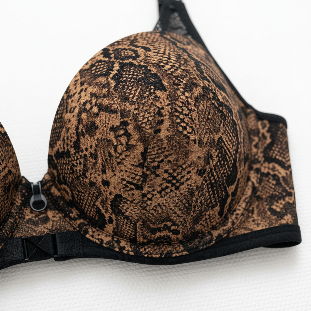 Yılan desenli push-up sütyen ve string külot takımı. Güçlü, feminen ve sofistike tasarım yılan deseni yakın görünümü.