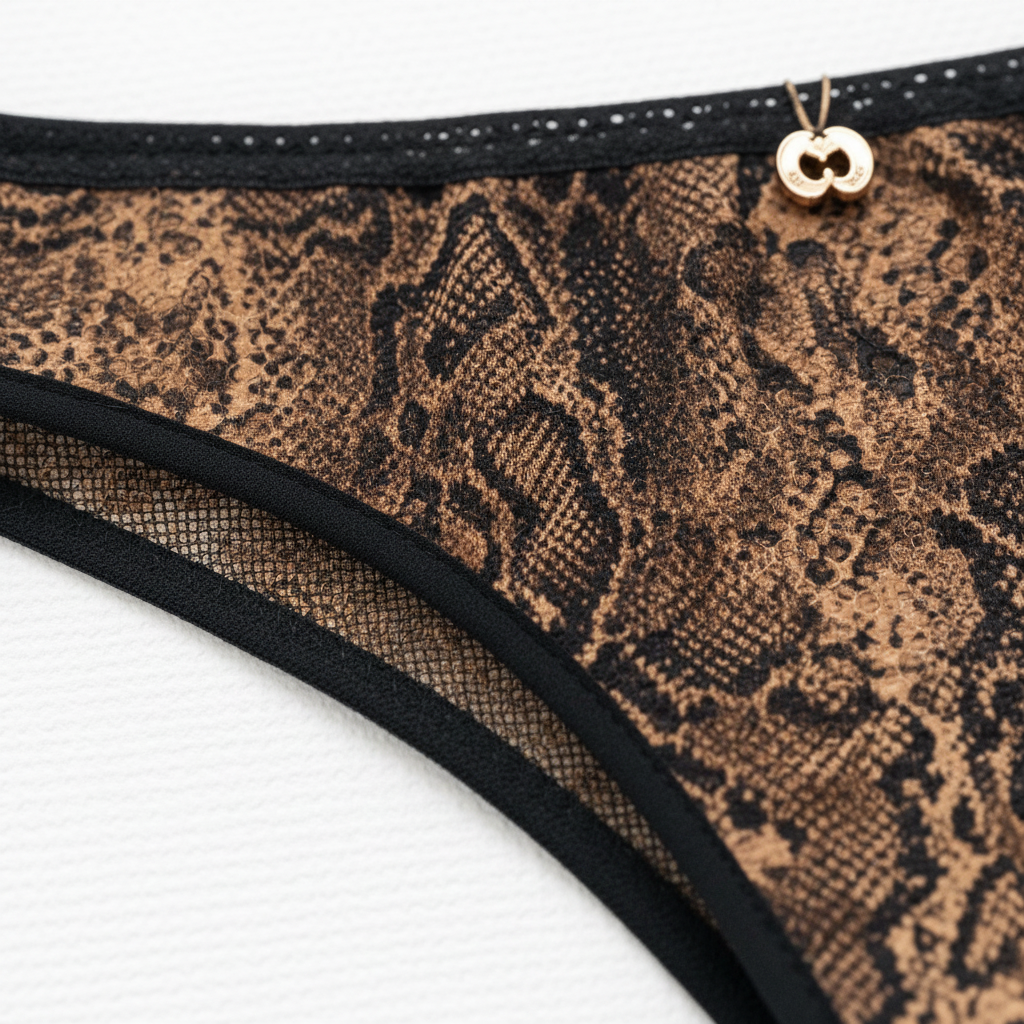 Yılan desenli push-up sütyen ve string külot takımı. Güçlü, feminen ve sofistike tasarımın kumaş dokusu.