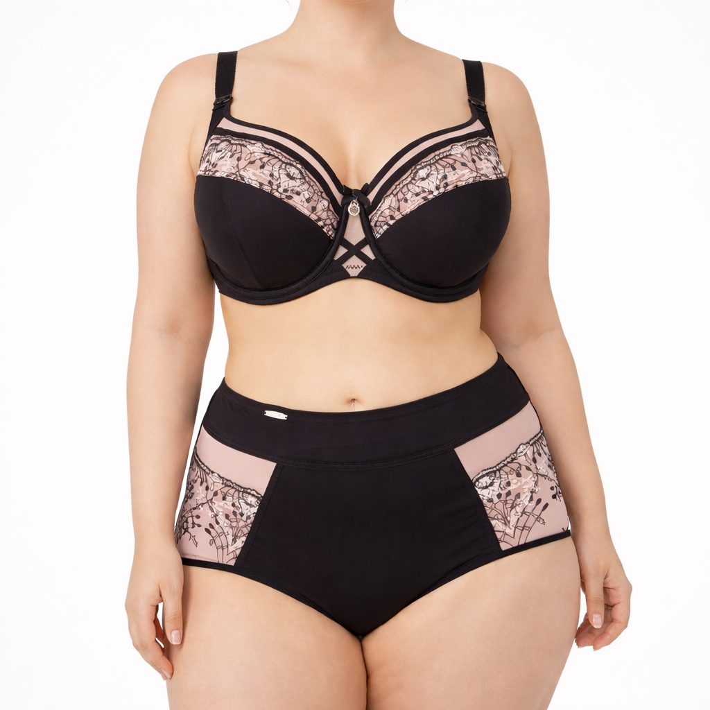 ALLA - Yüksek Bel Dantel Takım - Siyah Pudra | Büyük Beden