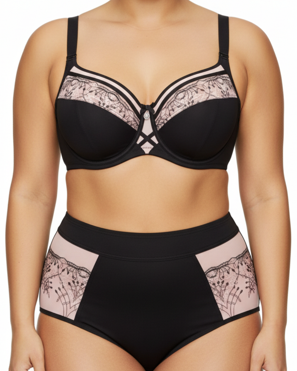 ALLA - Yüksek Bel Dantel Takım - Siyah Pudra | Büyük Beden