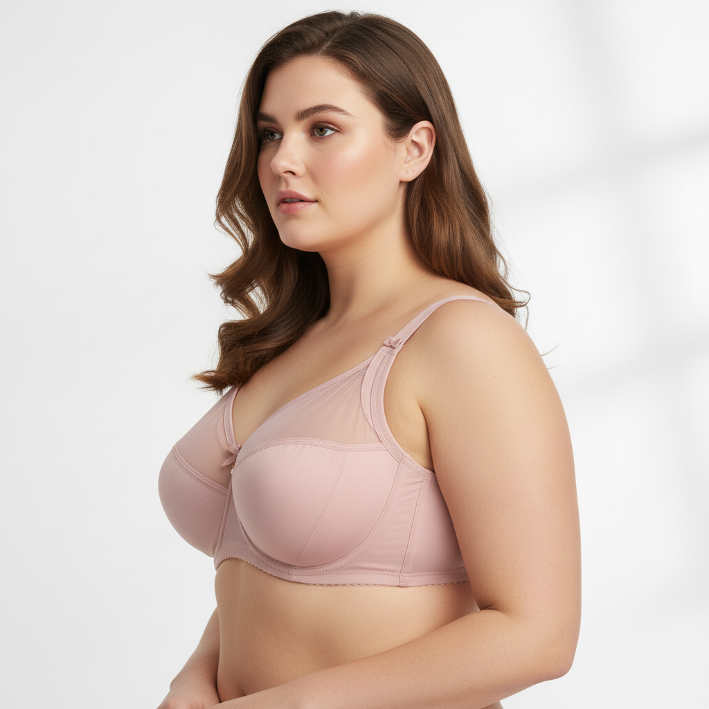 Balensiz ve toparlayıcı yapıya sahip pudra sütyen. Büyük beden uyumlu, yumuşak dokulu ve konforlu tasarım. Yan açı.