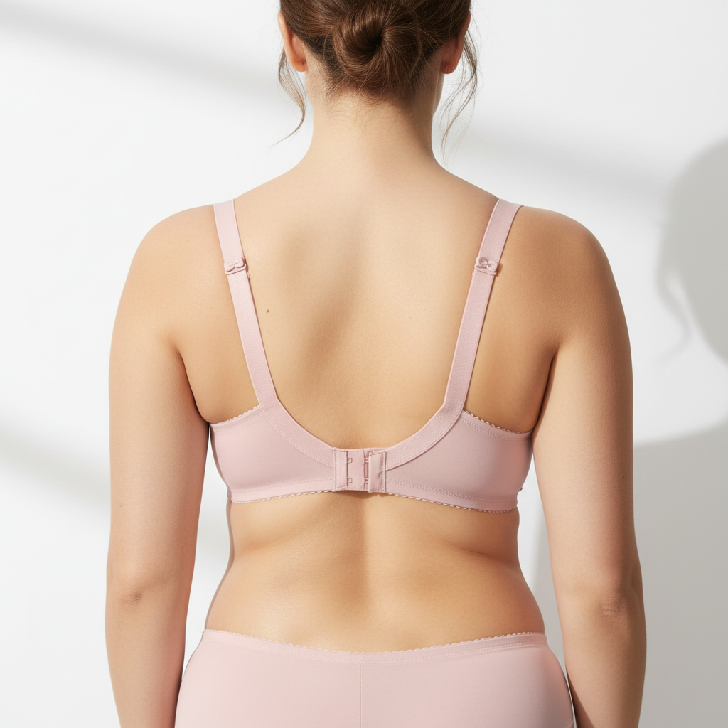 Balensiz ve toparlayıcı yapıya sahip pudra sütyen. Büyük beden uyumlu, yumuşak dokulu ve konforlu tasarım. Arka görünüm.