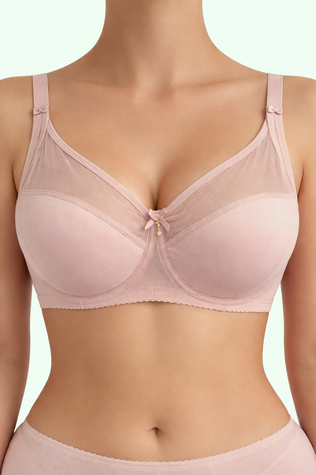 Toparlayıcı yapıya sahip pudra sütyen. Büyük beden uyumlu, yumuşak dokulu ve konforlu tasarım.