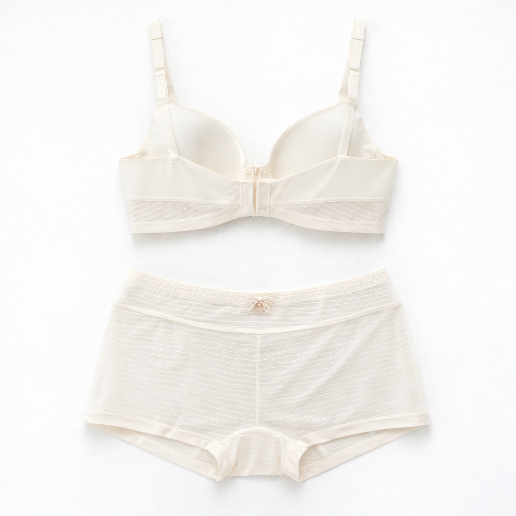 Balenli sütyen ve rahat boxer külot tasarımıyla öne çıkan krem renkli lüks iç çamaşırı takımı. Gün boyu konfor ve zarafet.
