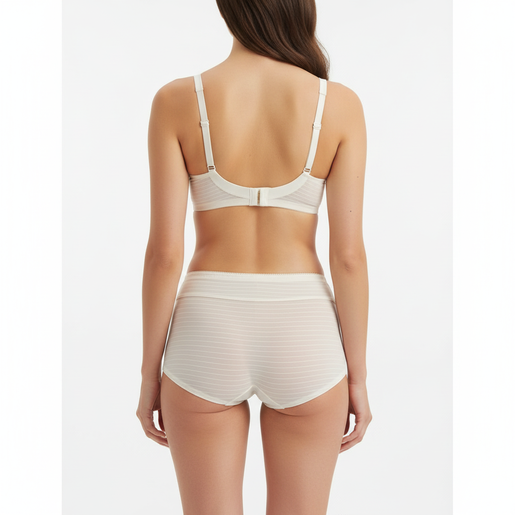 Balenli sütyen ve rahat boxer külot tasarımıyla öne çıkan krem renkli lüks iç çamaşırı takımının arka görünümü.