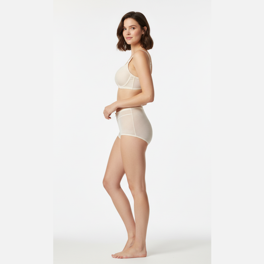 Balenli ve toparlayıcı sütyen ve rahat boxer külot tasarımıyla öne çıkan krem renkli lüks iç çamaşırı takımının yandan görünümü.