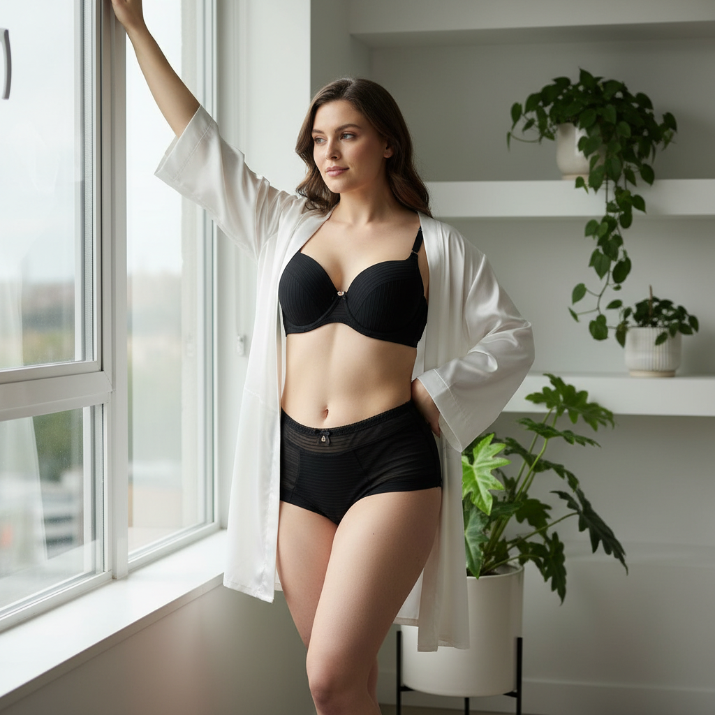 Balenli sütyen ve rahat boxer külot tasarımıyla öne çıkan krem renkli lüks iç çamaşırı takımı.